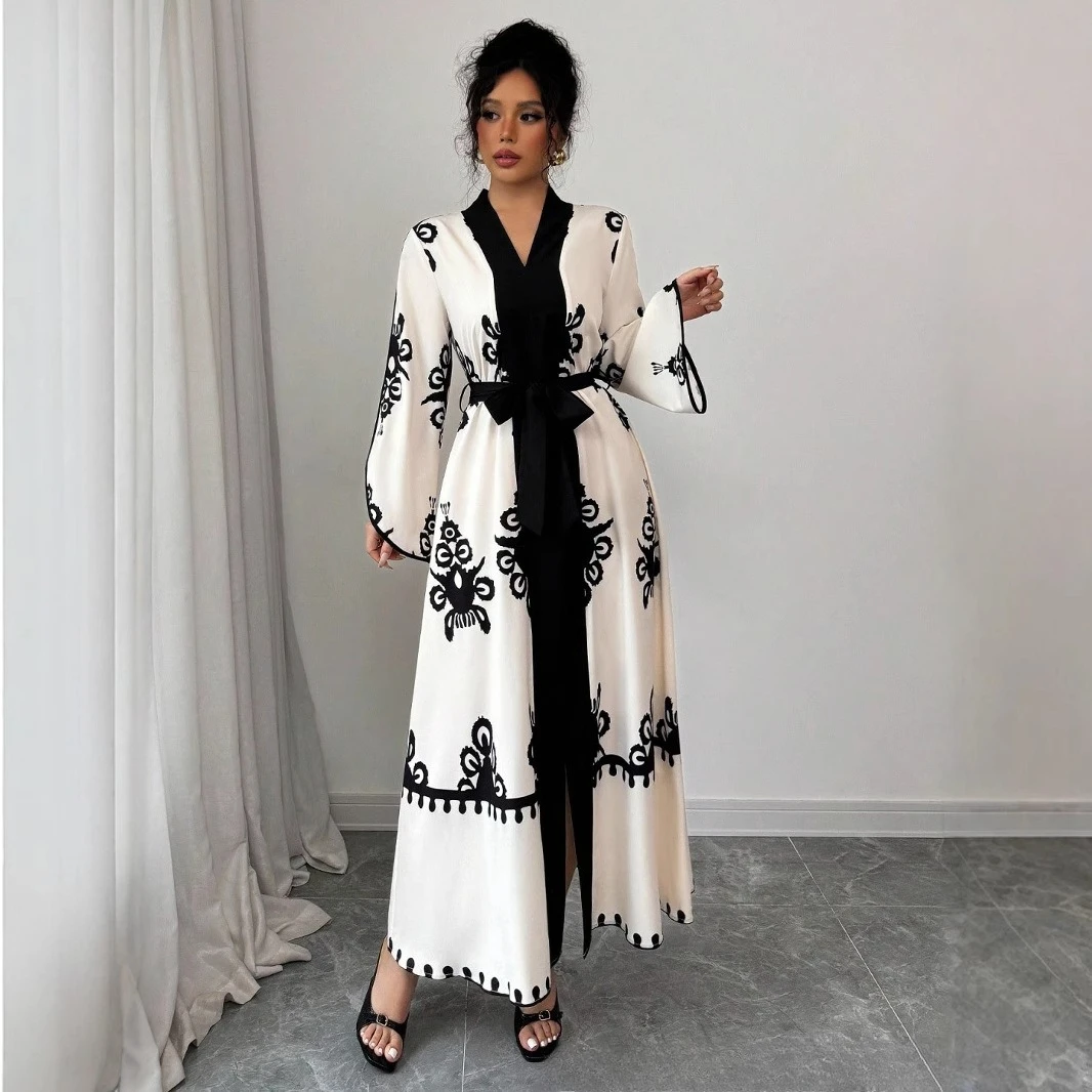 

Платье Ид Мусульманские женские вечерние платья Абая с принтом Джалабия на шнуровке Длинный халат Рамадан Марокко Дубай Кафтан Ислам Абая Vestidos