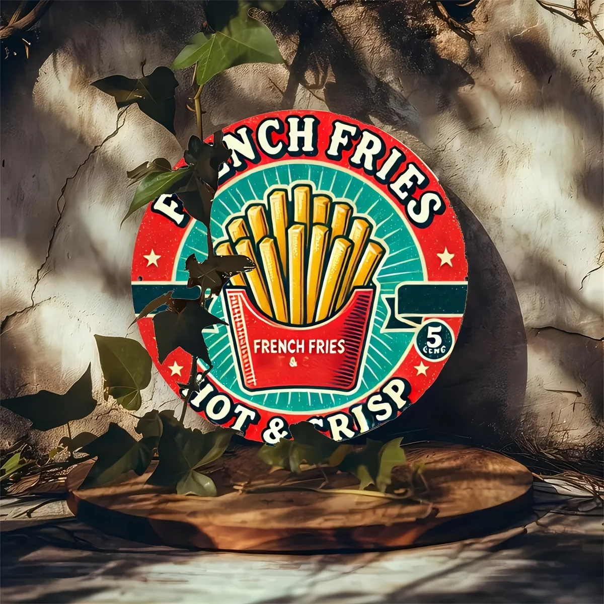 قطعة واحدة من لافتة ألومنيوم كلاسيكية "بطاطس مقلية ساخنة ومريشة" - مقاومة للماء وملونة ثابتة، 7.8 × 7.8 بوصة - فن جداري قديم للمطبخ، Livi #6