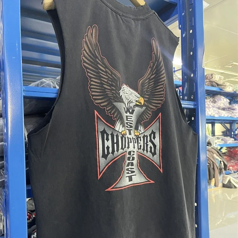 

Негабаритные футболки West Coast Choppers для мужчин и женщин 1:1, высококачественные повседневные потертые черные жилеты с принтом креста и орла