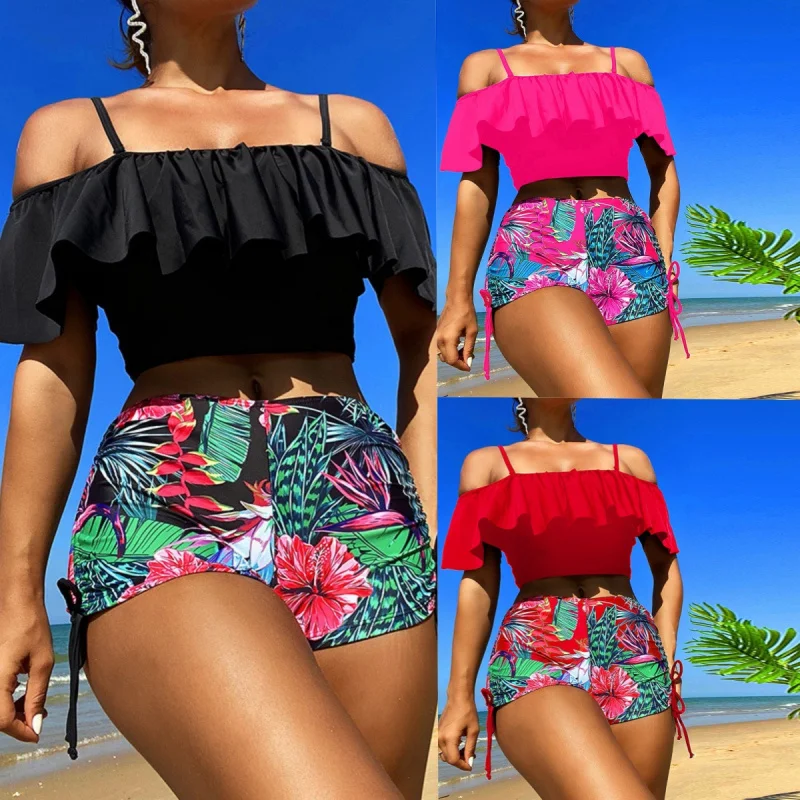 

2025New Style Two-Piece Swimsuit for Women Sexy High-Waisted Off-Shoulder Printed Strap Bikinibikini