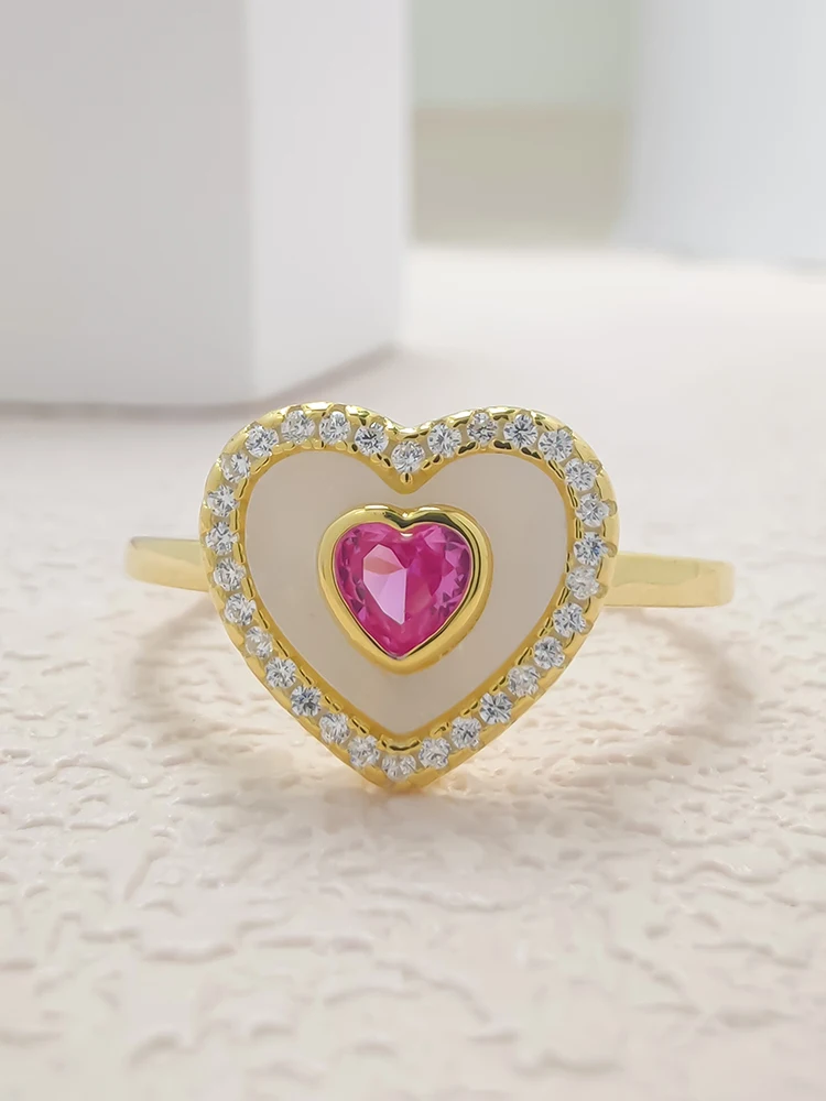 

S925 Sterling Silver Ladies Ring Love Rose Red Zirconia Mother Of Pearl Elegant Retro Jewelry Daily Wear Holiday Party Gifts