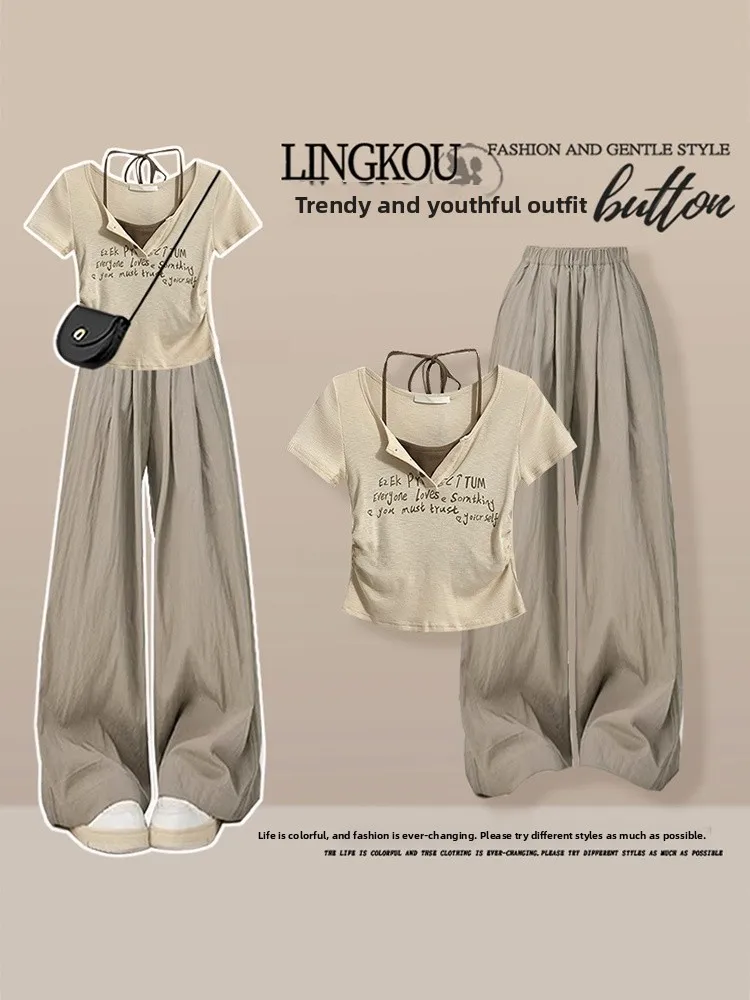 

Vintage Casual V-Neck Short Sleeve T-Shirt And Wide Leg Pants Two-Piece Set for Women Anti-Aging Summer Outfit Ensemble