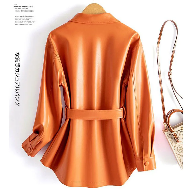 새로운 여성 셔츠 스타일 가죽 자켓 봄 가을 패션 캐주얼 턴 다운 칼라 레이스 업 슬림 가죽 코트 스플릿 가죽