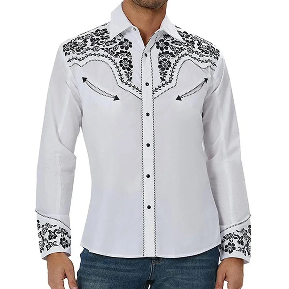 Retro Man Shirts And Blouses Western Graphic Print Long Sleeve Casual Vintage Slim Single Breasted Tops Clothing Shirt For Men