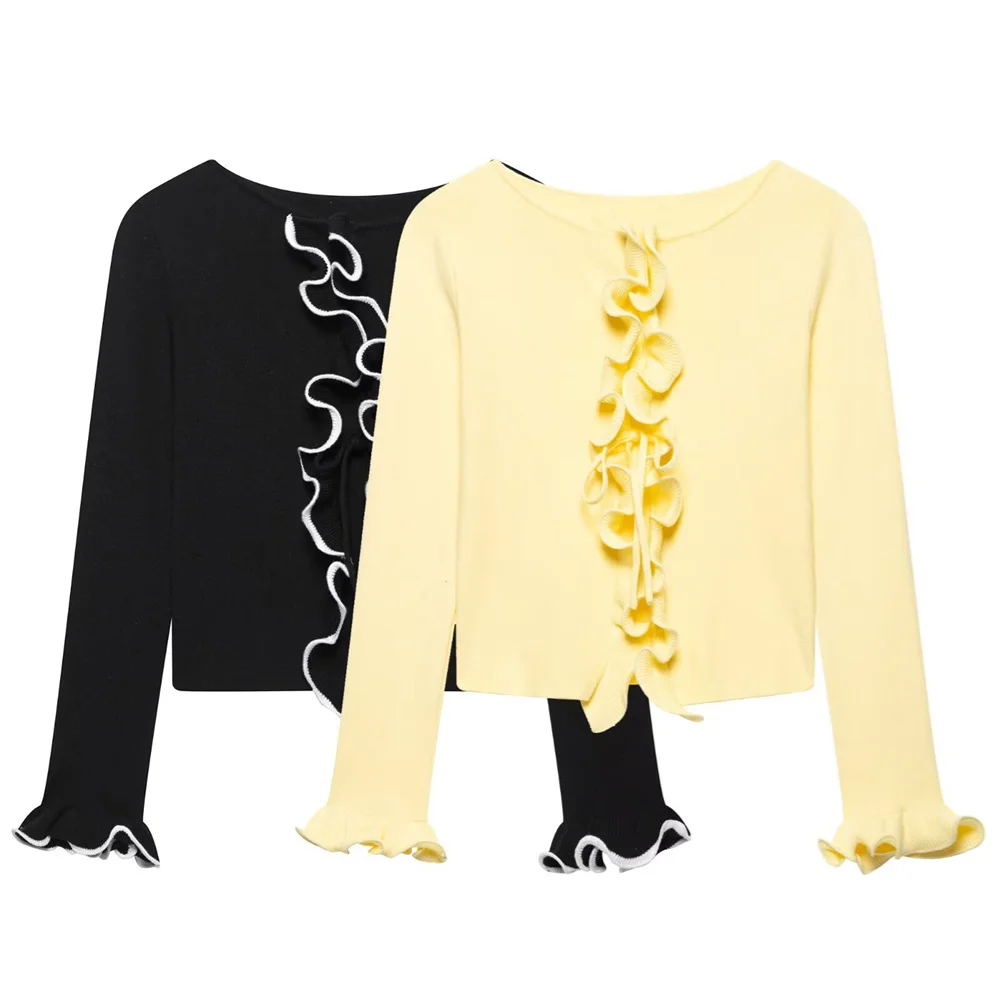 

UNIZERA Women's Lace Splicing Color Contrasting Black Long Sleeve Strap Knitted Cardigan Spring/Summer New Women's Clothing