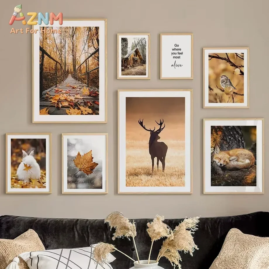 Fall Maple Leaf Deer Fox Rabbit Bird Landscape Wall Art Canvas Painting Nordic Posters and Prints Pictures for Living Room Decor