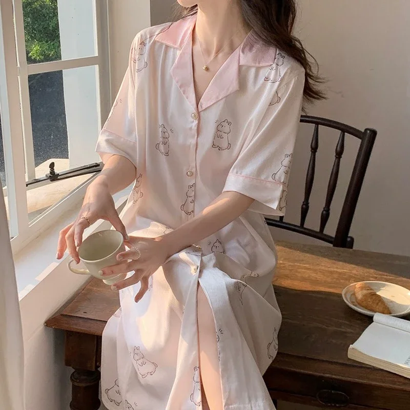 Cartoon Kawaii Cute Lucky Bunny Print Women\'s Sleepskirt French Elegant Herringbone Twill Homeskirt 2024 New Summer Shirt Skirt