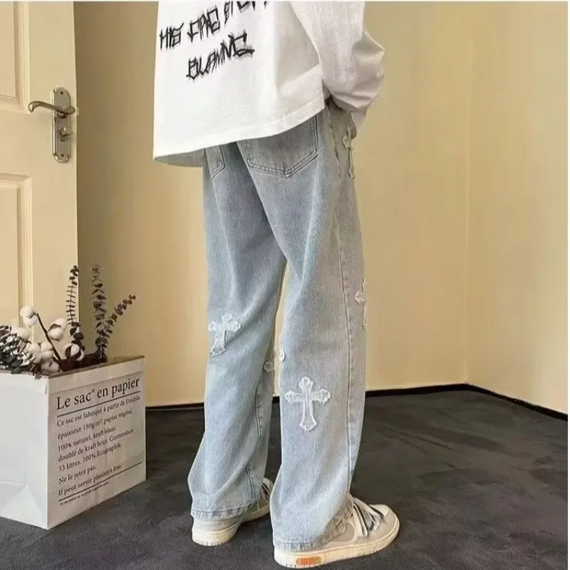 جينز رجالي عتيق على الطراز الأمريكي كروس بودي للغسيل المتعثرة للخريف والشتاء بنطلون عالي الشارع عصري مستقيم الساق