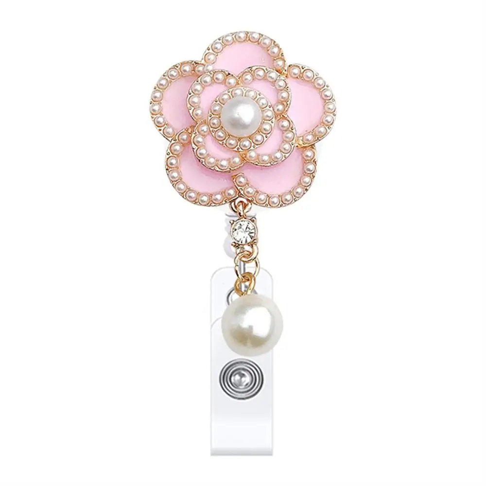 Elegant Nurse Badge Reel Pearl Floral Alligator Clip Retractable Badge Holder 360 Rotation Work Card Easy Pull Buckle