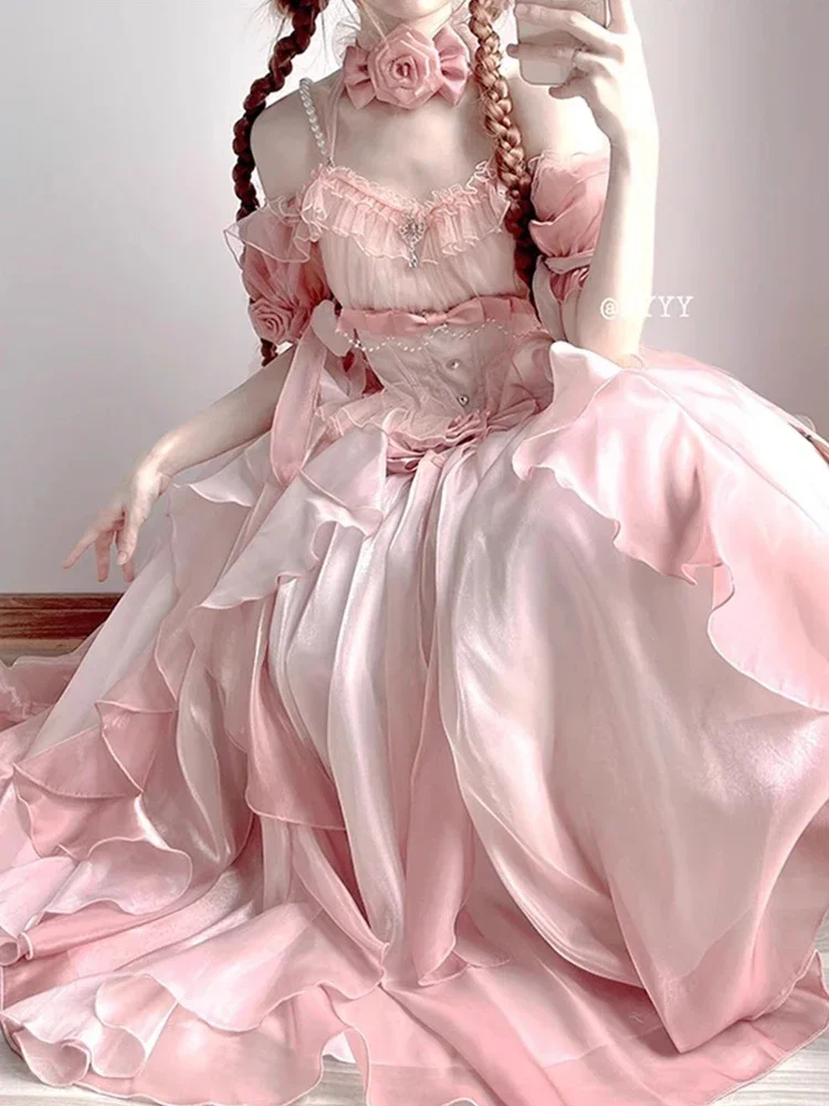 

NEW Pink Lolita High Waist Slimming Bow Sweet Girls Op Dress Heavy Industry Trailing Off-shoulder Banquet Princess Dresses SH25
