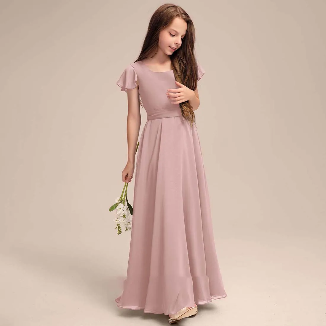 

YZYmanualroom Flower Girl Dress Chiffon Junior Bridesmaid Dress A-line Square Floor-Length 2-15T