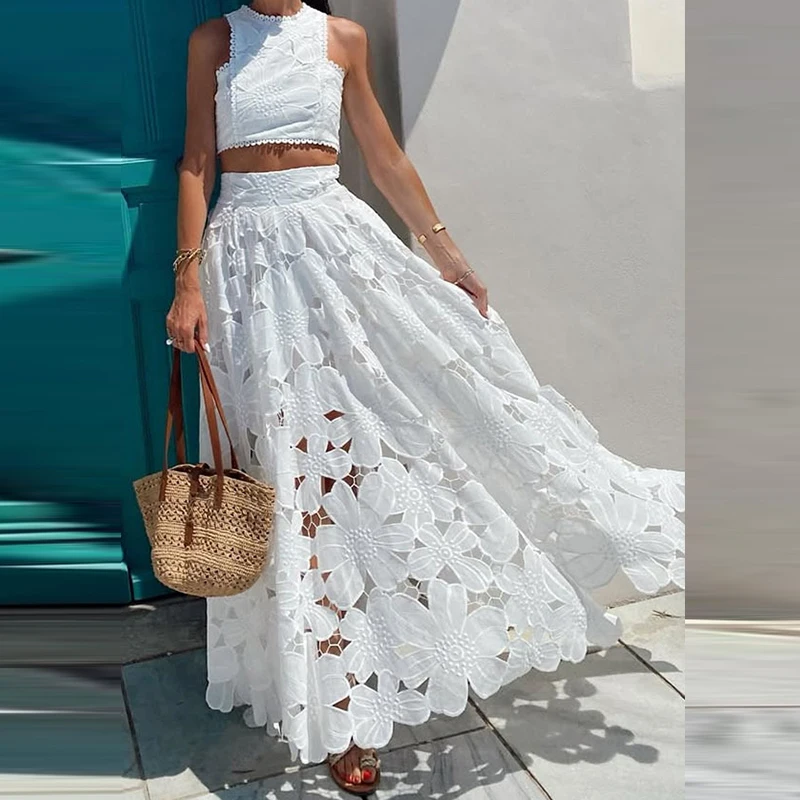

Women Elegant Lace Hollow Out Jacquard Set Fashion O-neck Vest Top and Long Skirt Outfits 2025 Casual Sleeveless Solid 2Pc Suit