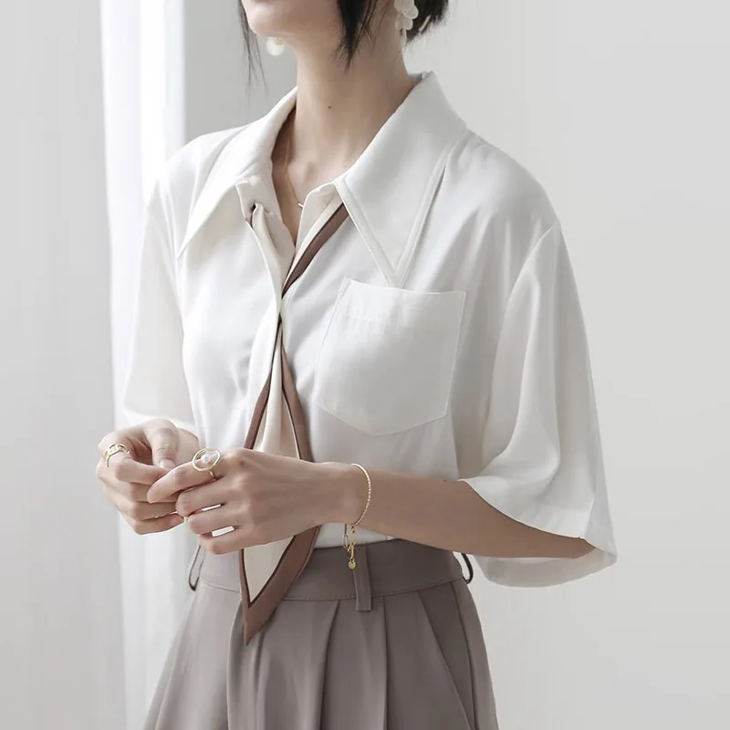 

Summer New Short Sleeve Turn Down Collar Women Shirt White Elegant Shirts Blouse Women Tops Camisas De Mujer Blusa XQ64