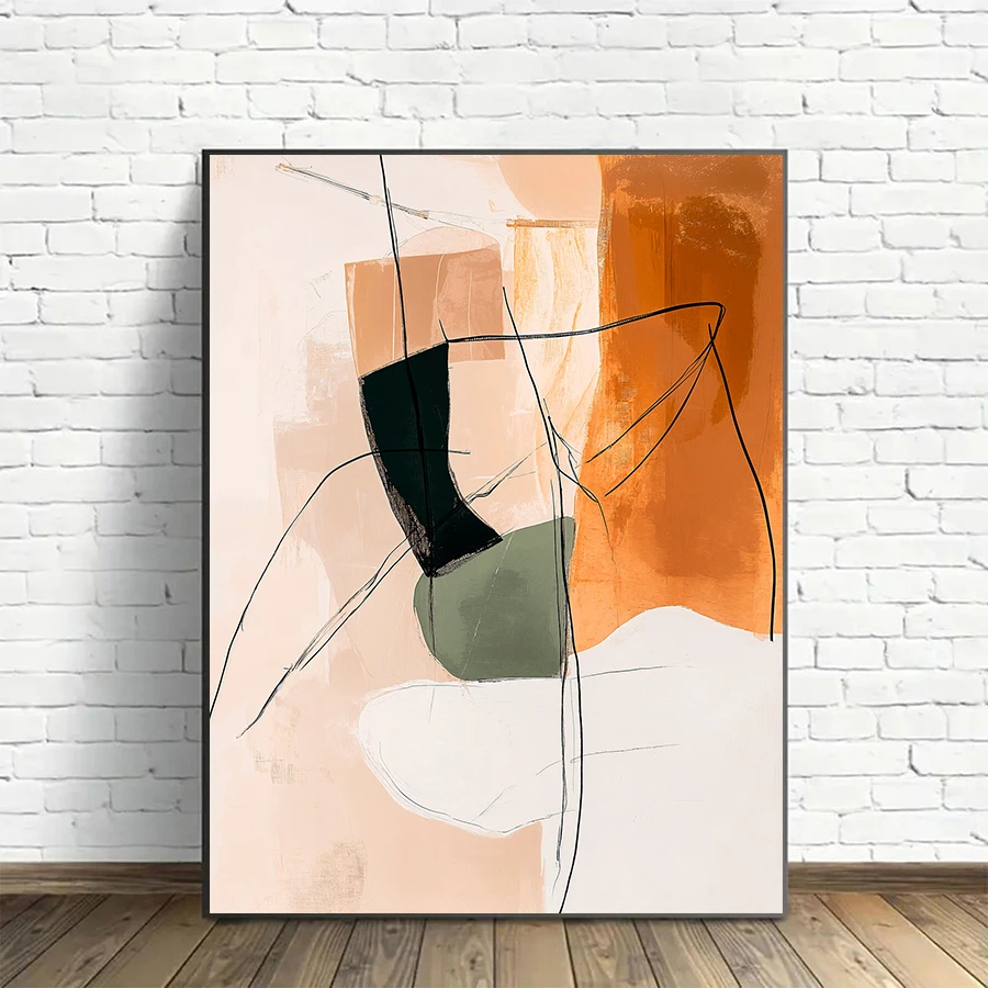 Large Warm Color Orange Blocks Canvas Painting Abstract Black Line Posters Wall Art Living Room Wall Decor Unframed