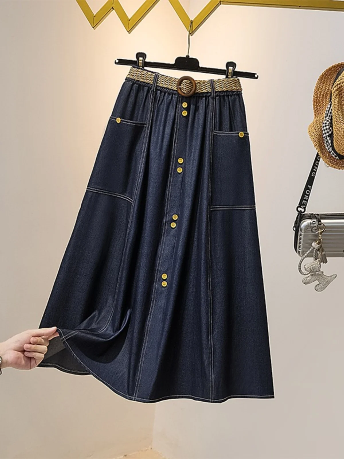 Große Größe Sommer Hohe Taille Weiche Denim Rock Frauen Eis Seide Atmungsaktive Taste Röcke Lose Vielseitig A-linie Regenschirm Rock