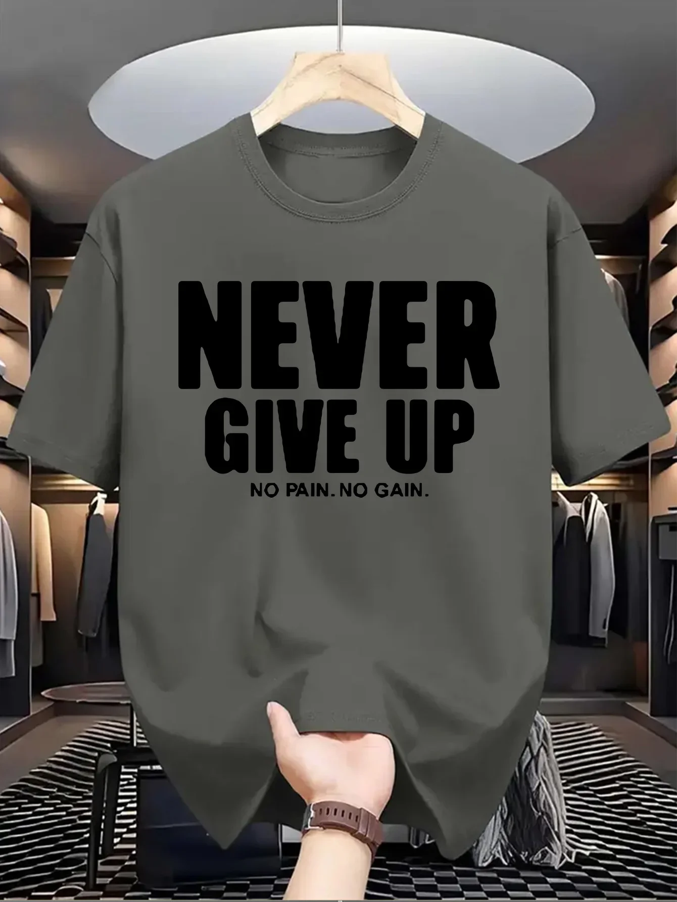 T-shirt à manches courtes et col rond pour hommes, 100% pur coton, à la mode, décontracté, ample, sport, jamais abandonner, moti