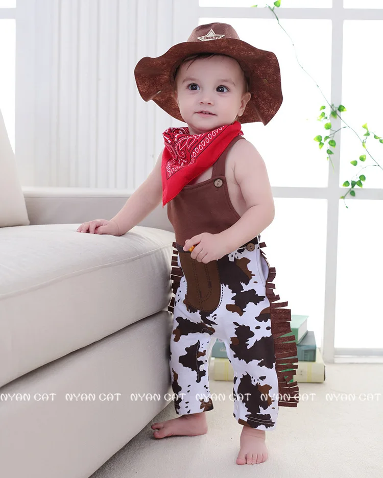 Baby Carnival Costume Cowboy Romper  Boys Sets Infant Funny Party Clothes Toddler Holiday Cosplay Outfit Scarf Hat 3 PCS