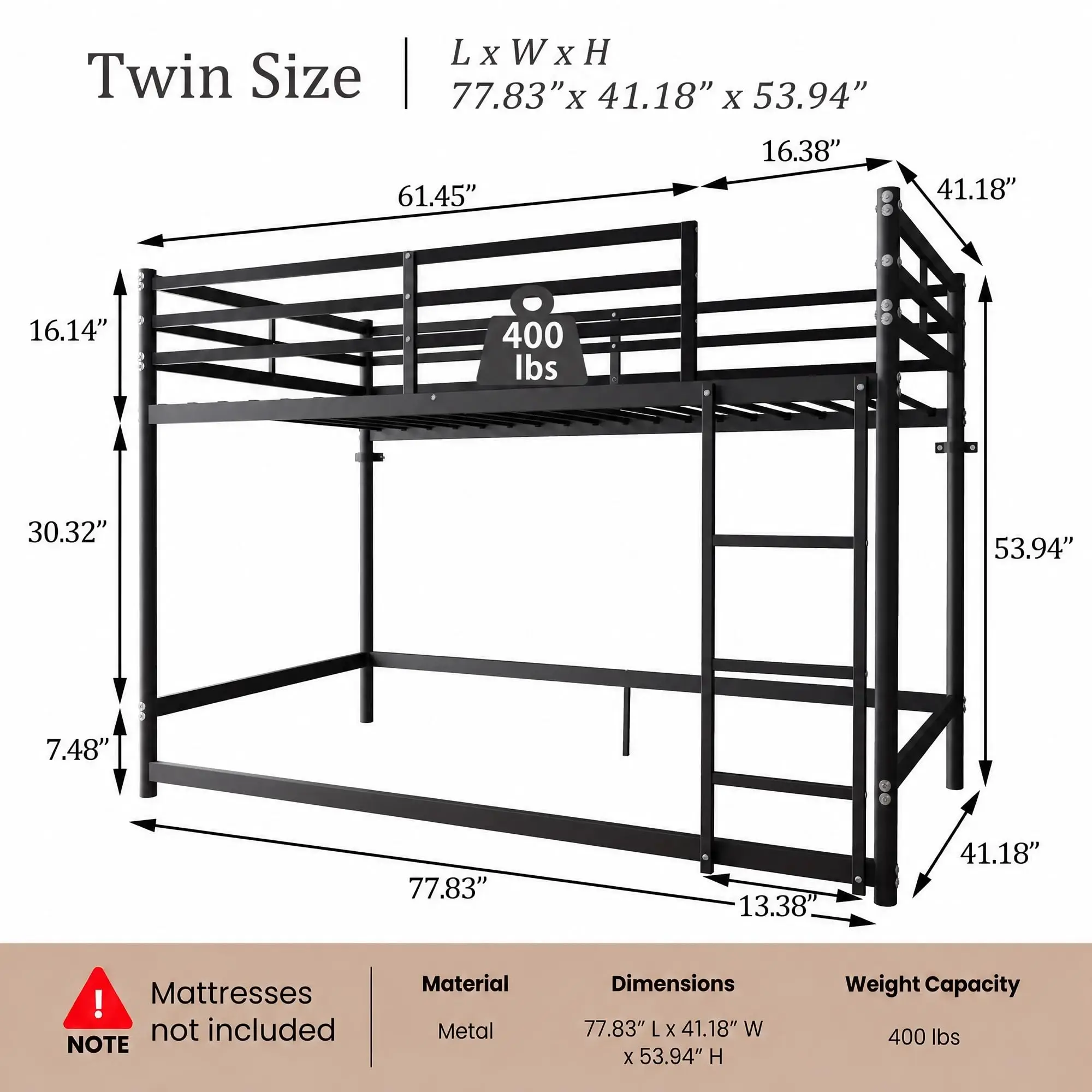 Metal Loft Bed Twin over Twin with High Guardrail and Storage Space Black