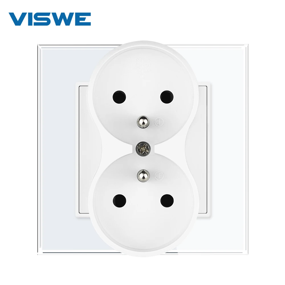 VISWE FR Electrical outlets 16A 250V Crystal Tempered Glass / PC Panel 86*86mm French wall socket with Claws Hook Clips