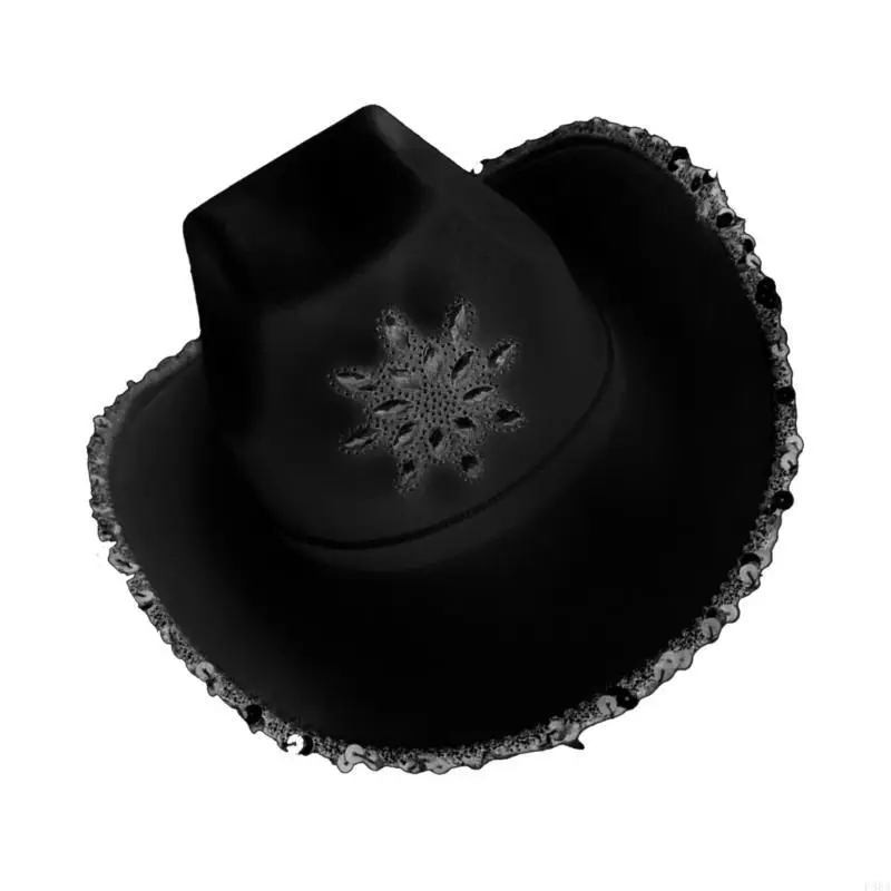 

P88A Sequins Cowgirl Hat Western Rolled Brims Hat Cowboy Hats for Stage Performances