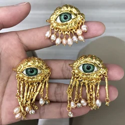 Anillo de pendientes Vintage de Ojos de demonio para mujer, pendientes exagerados de moda, estilo de perla de imitación, joyería delicada con borlas
