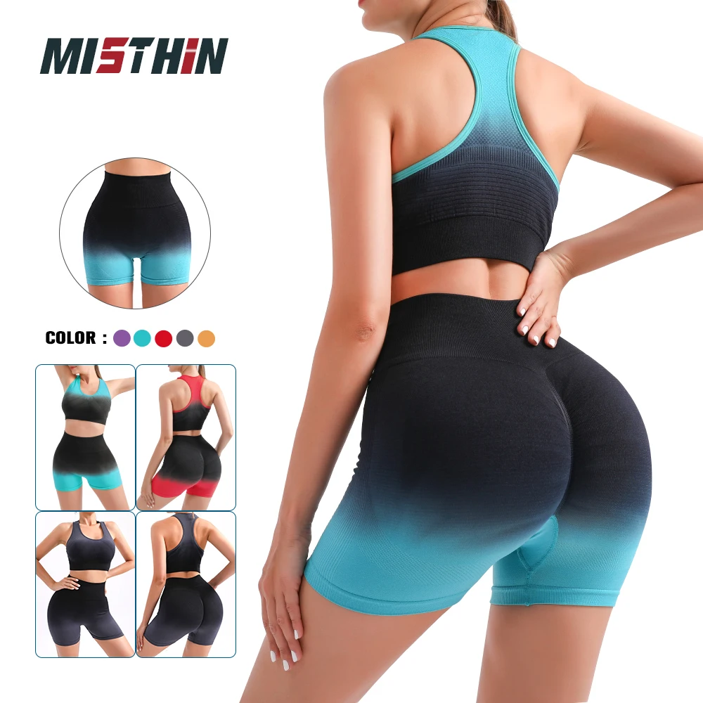 MISTHIN 2PCS Yoga Set Push Up Butt Lifter Panties Fitness Sportswear High Waist Crop Tank Top  Gradient Bling  Workout Shorts