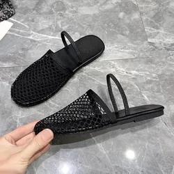 Round headed niche fish mesh hollow ballet shoes for women's summer new fashionable flat bottomed belt buckle sandals