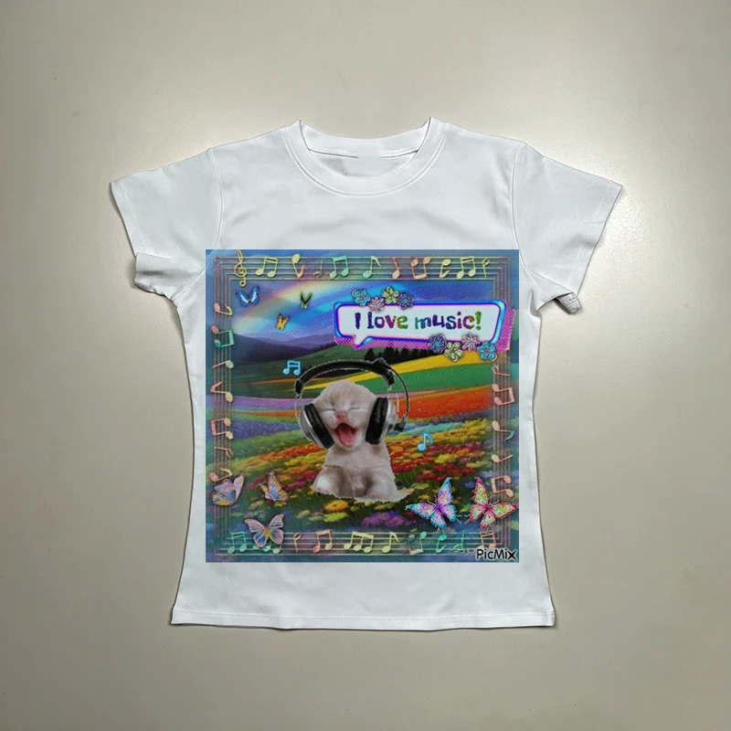 Kawaii Coquette Women Round Neck Long Sleeve Top Music Kitten Butterfly Print Slim Y2K Vintage Fitted Casual Tee