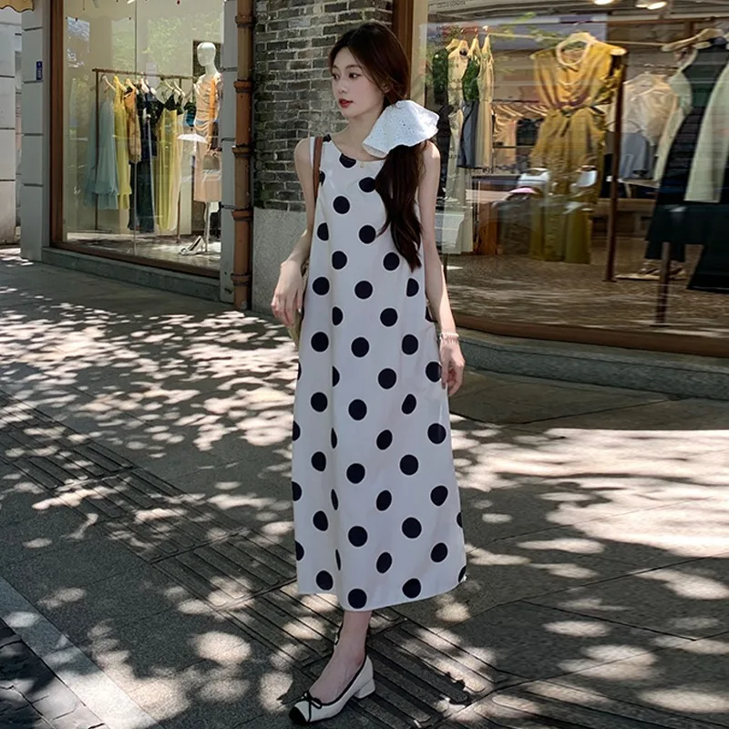 Dresses Women Loose Fit Vintage Polka-dot Backless Design Temper A-line Korean Fashion Summer Sleeveless Vestidos Popular Sexy