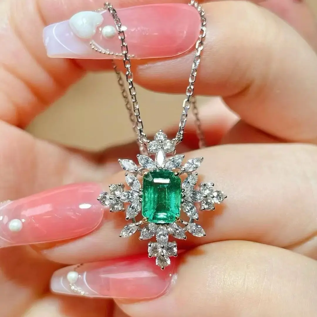 simply style daily use natural emerald pendant necklace 18K white gold with real diamond fine women jewelry free shipping