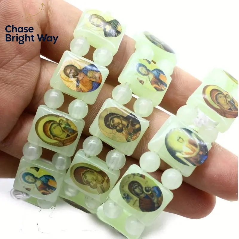 Vintage  And  Mary PVC Rosary Bead Bracelet With Elastic Band Religious Image Stickers For Daily Wear Parties