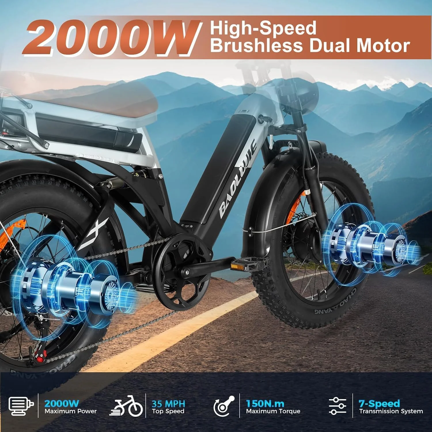 【1 Year Warranty】BAOLUJIE 2033 Adults Electric Bike 2000W Ebike Dual Motor Bicycle 48V30AH E Bike Mountain Moped Ebikes off-road