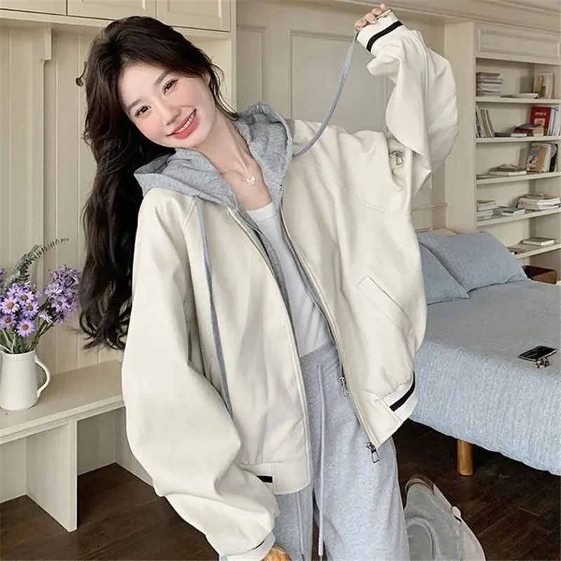 

Off-white women's fake two-piece hooded coat 2026 spring new Female Korean college wind Jacket casual fashion short Overwear