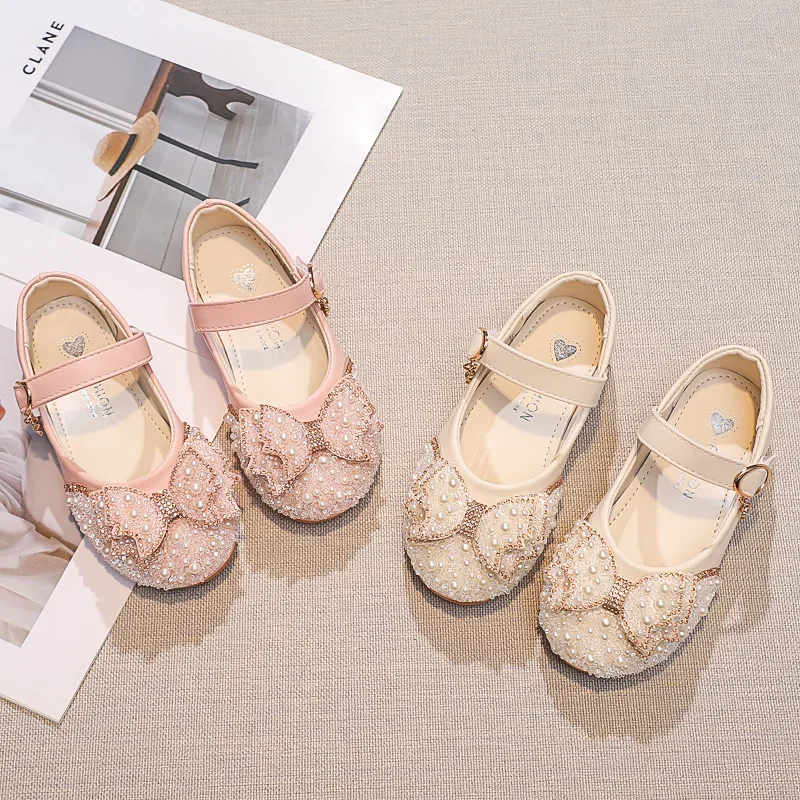 Girls Leather Shoes Spring Autumn Fashion Pearl Bow Rhinestone Little Girl Shoes Flat Heels Kids Princess Shoes