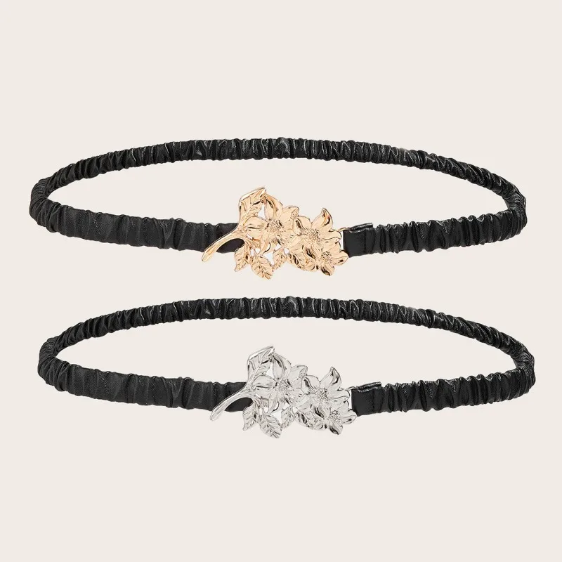 2026 new metal buckle waist belt with women's elastic decoration and dress jacket, black belt elastic waistband