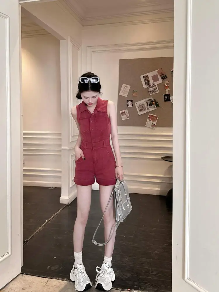 夏レッドデニムハイウエストシングルブレストショーツジャンプスーツ女性カジュアルノースリーブオフショルダーショートパンツロンパースストリート