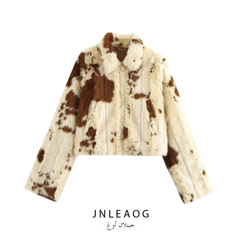 JNLEAOG Autumn New Women's Faion Wind Pattern Print Artificial Fur Effect Jaet ort Outerwear Polyester Fiber Collar
