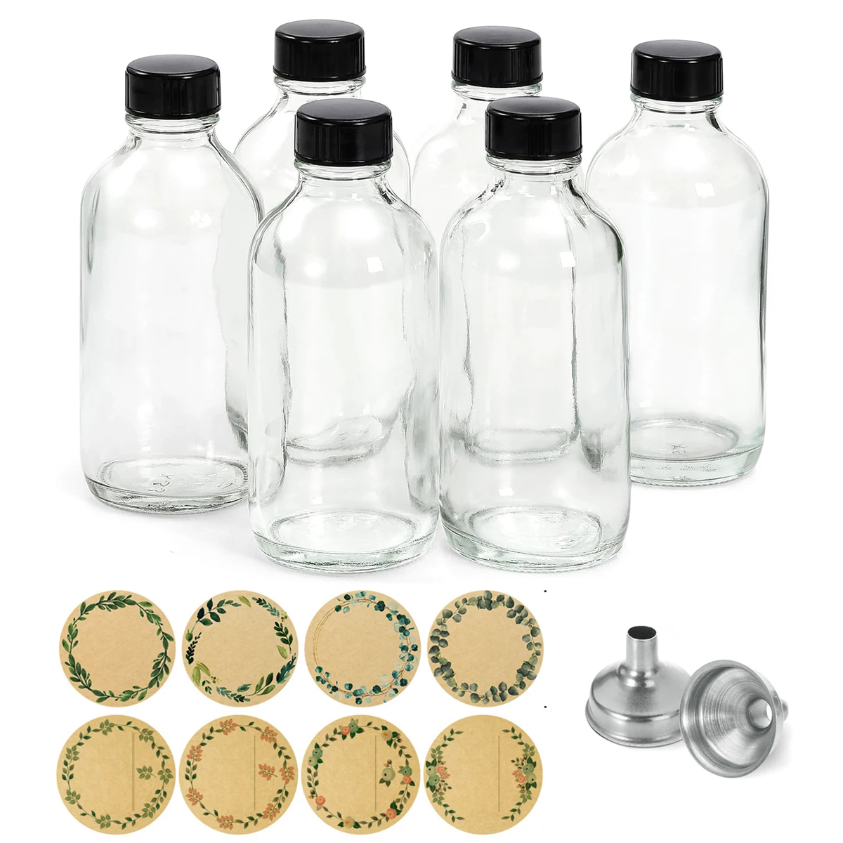 4 oz Small Clear Glass Bottles with Lids, 120ml Boston Round Sample Bottles for Ginger Shots Juice Potion Whiskey Liquor, 6pcs