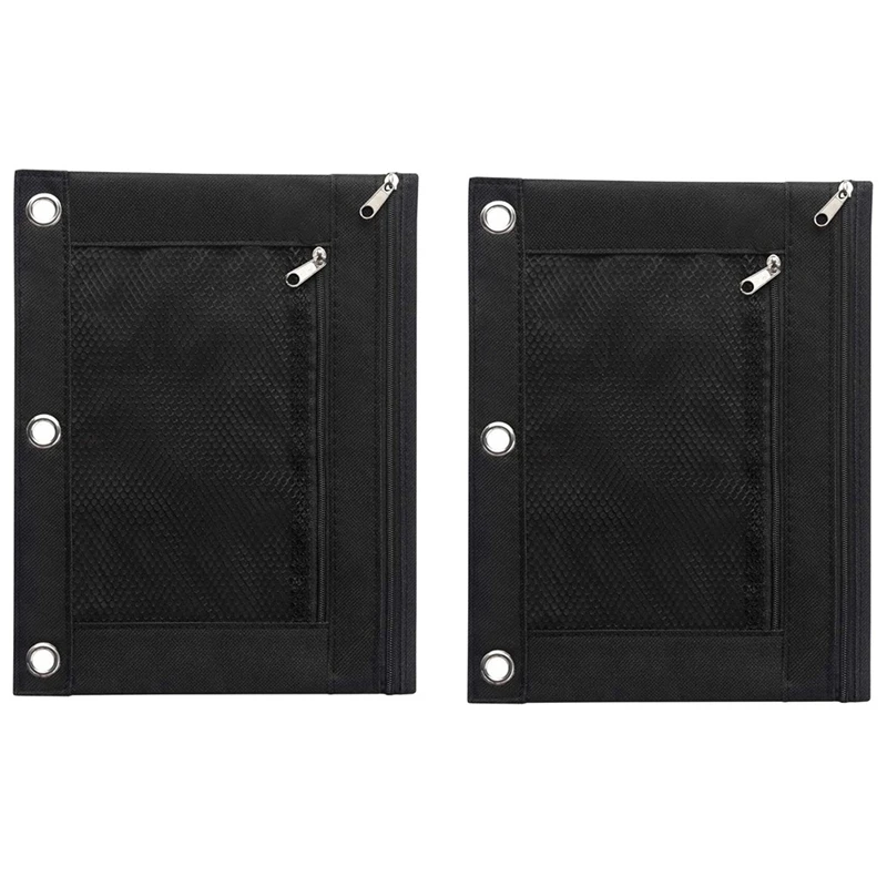 2 Pcs Black Pencil Bag For 3 Ring Binders Single Zipper Bag With Transparent Window For Office Workers/Students