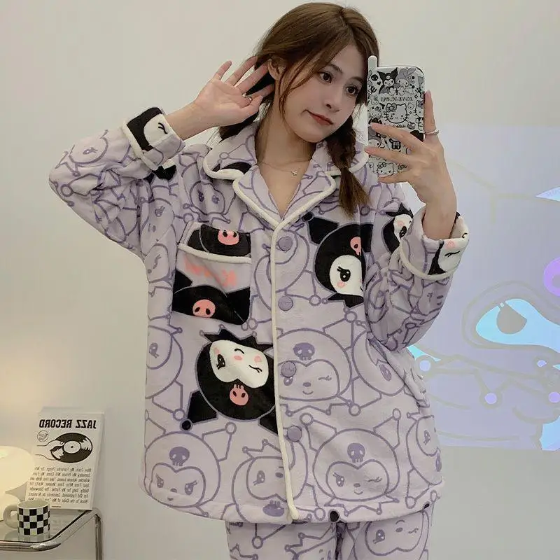 Sanrio Mädchen Flanell Strickjacke Pyjama Set Winter Kawaii Kuromi Comic Student Verdickung Warm Halten Mode Ausgehen Freizeit Tragen Kit