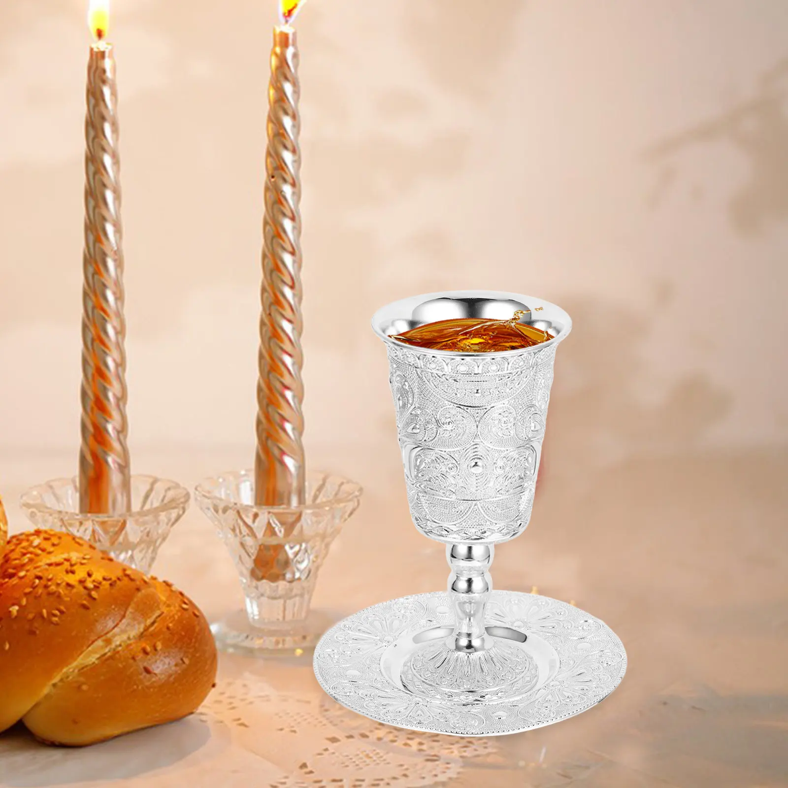 1Set Metal Shabbat Blessing Goblet Set Holiday Wine Cup for Jewish Festivals Passover Sabbath Ceremonies Desktop Holy Cup