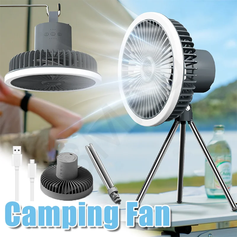 

2000mAh Outdoor Camping Fan Rechargeable Desktop Portable Circulator Wireless Ceiling Electric Fan With LED Light Tripod