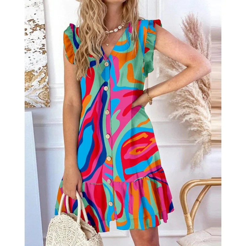 Boho Beach Holiday Vestidos Women Summer V-neck Flying Sleeve Dresses For Women 2023. Casual Loose Ruffles Print Shirt Dress