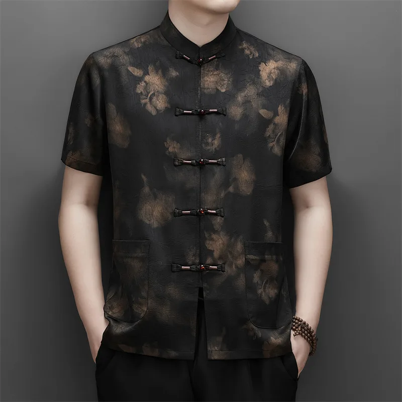 Amazing Silky Polyester 100% Shirts For Men Short Sleeve Print Summer Quality Frog Button Tang Costume Pockets Camisas De Hombre