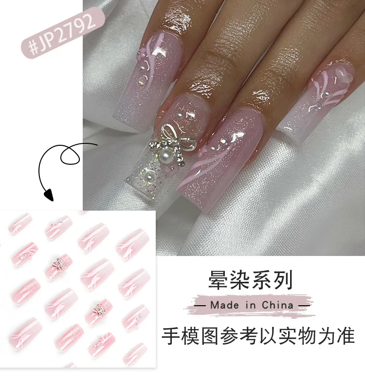 24 Stück mittelgroße rechteckige künstliche Nägel, Schleife, Glitzerpulver, tragbare Maniküre, zum Aufdrücken der Nägel, solide