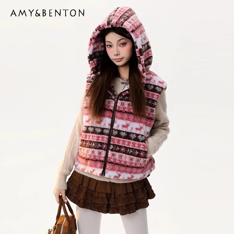 

American Retro Furry Warm Hooded Sweet Cute Women's Waistcoat 2025 Winter New Christmas Sleeveless Versatile Vest Jackets Ladies