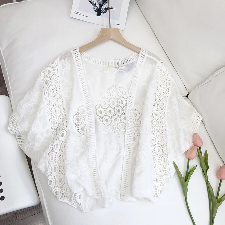 E Cárdigan Corto de Encaje para Mujer, Estilo Vacacional, Protección Solar, Prenda Exterior, Csa de Aire Acondicion...