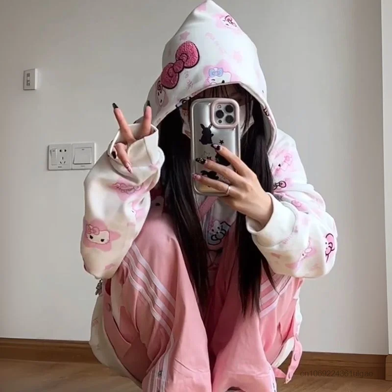 Sanrio Hello Kitty Zip Up Hoodies Women Spring Autumn Fashion Sweatshirts Cartoon Full Print Aesthetic Cardigan Shirts Y2k Tops