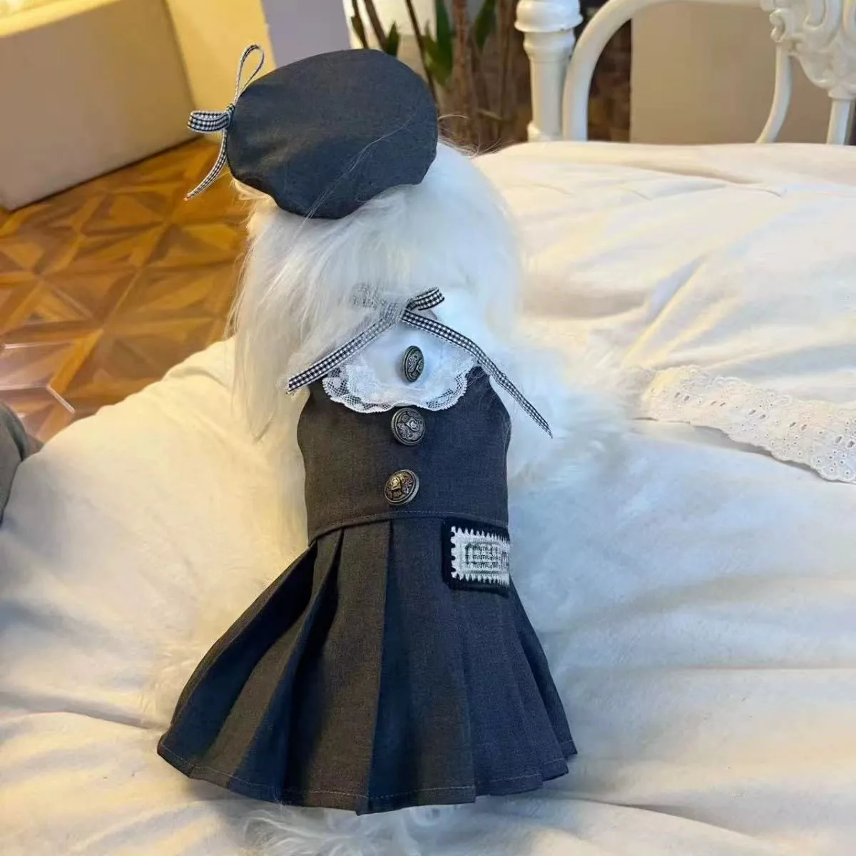 

Fashionable Simple Cute Grey Academic-Style Pet Dress Korean Style Dog School Uniform Clothes
