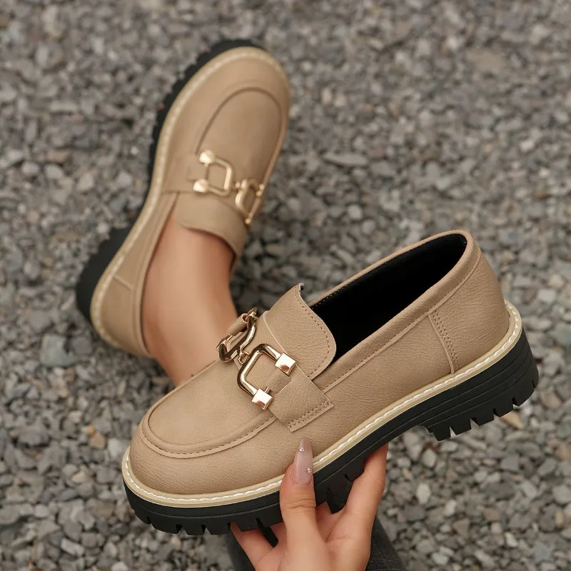 Women's Sneakers Casual Comfort Loafers Metal Chain Decorated Round Toe Lolita Shoes Trendy Mid Heel Lightweight Sport Shoes